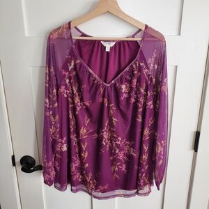 Terra & Sky Purple Floral Sheer Sleeve Blouse Spring Boho Womens 1X Fairy V-Neck